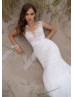 Cap Sleeves Ivory Lace Tulle Pearl Buttons Back Wedding Dress